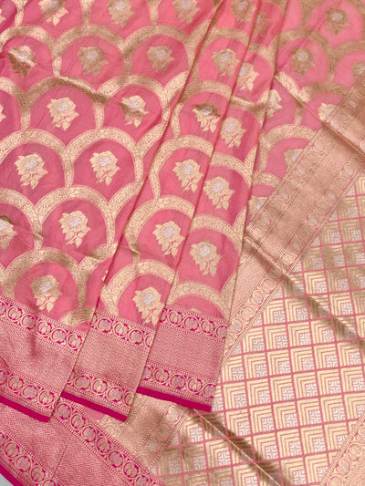 Exquisite Rose Pink Banarasi Silk Saree with Scalloped Floral Jaal