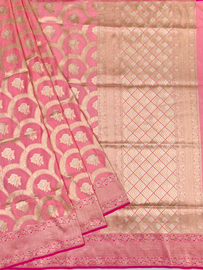 Exquisite Rose Pink Banarasi Silk Saree with Scalloped Floral Jaal