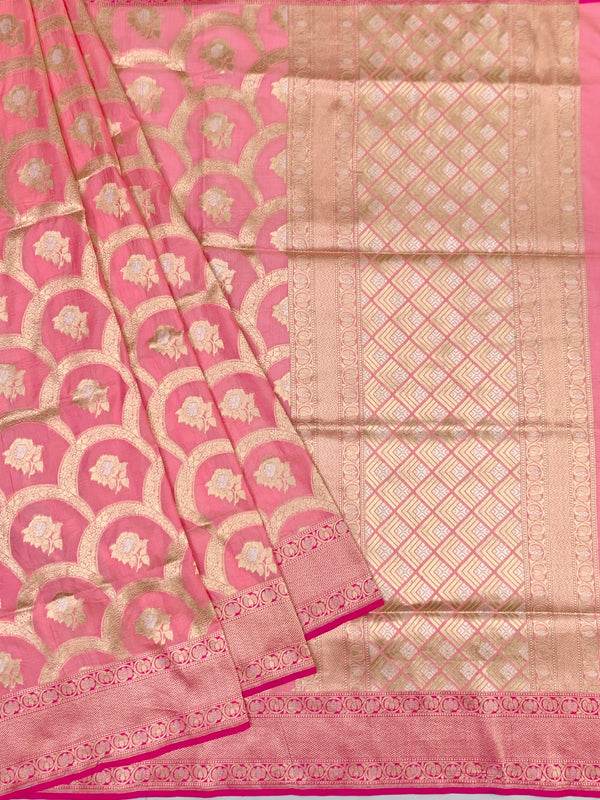Exquisite Rose Pink Banarasi Silk Saree with Scalloped Floral Jaal