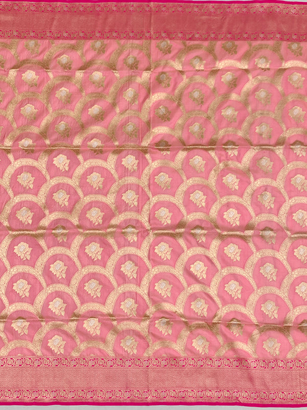 Exquisite Rose Pink Banarasi Silk Saree with Scalloped Floral Jaal
