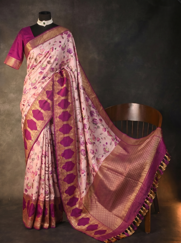 Ethereal Pink & Magenta Printed Banarasi Silk Saree with Pichwai Lotus Motifs