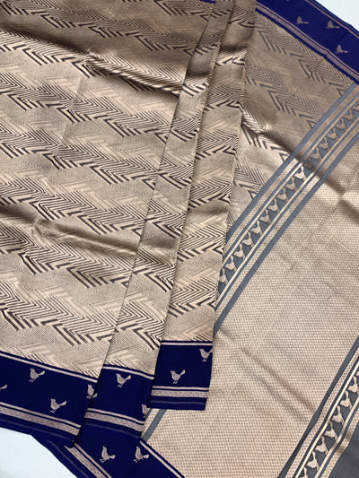 Elegant Indigo Blue Brocade Silk Kora Saree