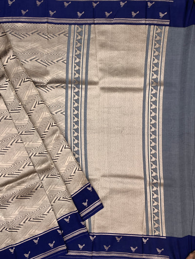 Elegant Indigo Blue Brocade Silk Kora Saree