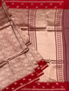 Radiant Red Brocade Silk Kora Saree with Geometric Weave & Traditional Border