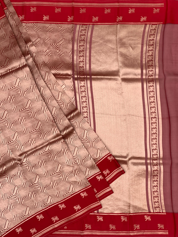 Radiant Red Brocade Silk Kora Saree with Geometric Weave & Traditional Border