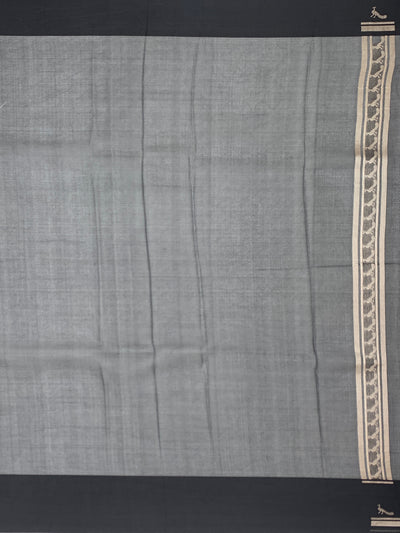 Elegant Metallic Grey & Black Geometric Brocade Silk Kora Saree