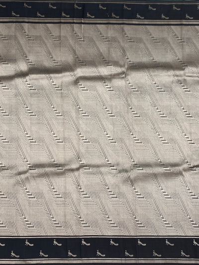 Elegant Metallic Grey & Black Geometric Brocade Silk Kora Saree