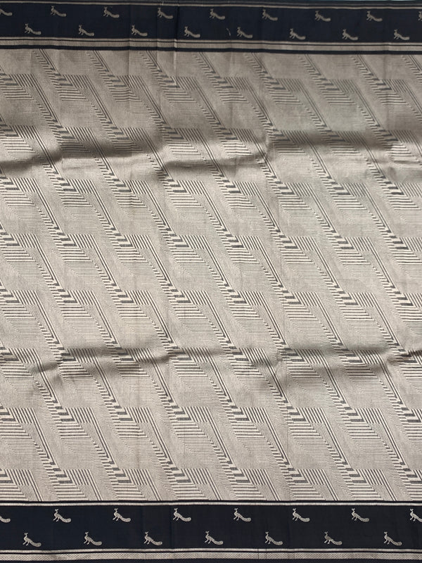 Elegant Metallic Grey & Black Geometric Brocade Silk Kora Saree