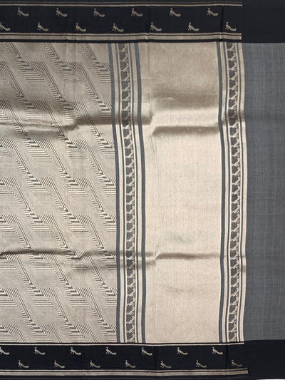 Elegant Metallic Grey & Black Geometric Brocade Silk Kora Saree