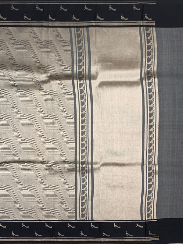 Elegant Metallic Grey & Black Geometric Brocade Silk Kora Saree