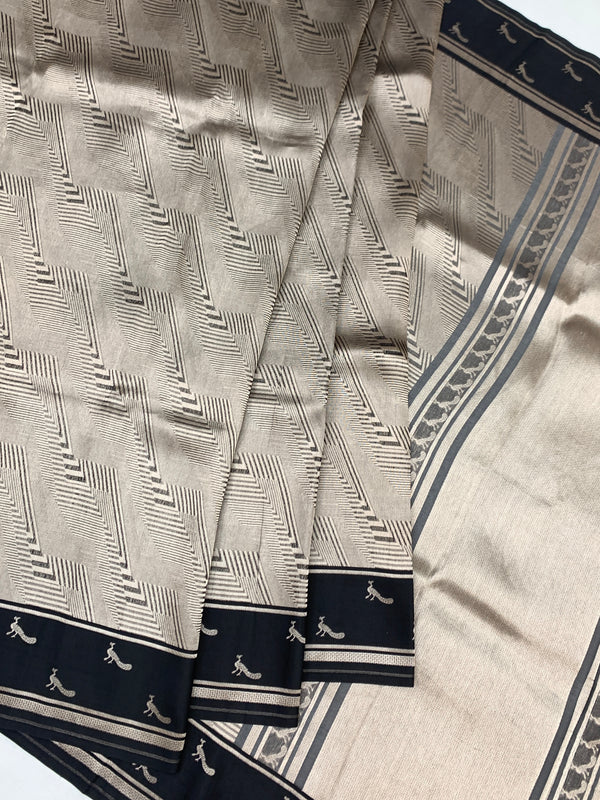 Elegant Metallic Grey & Black Geometric Brocade Silk Kora Saree