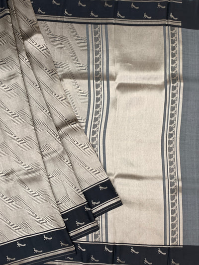 Elegant Metallic Grey & Black Geometric Brocade Silk Kora Saree