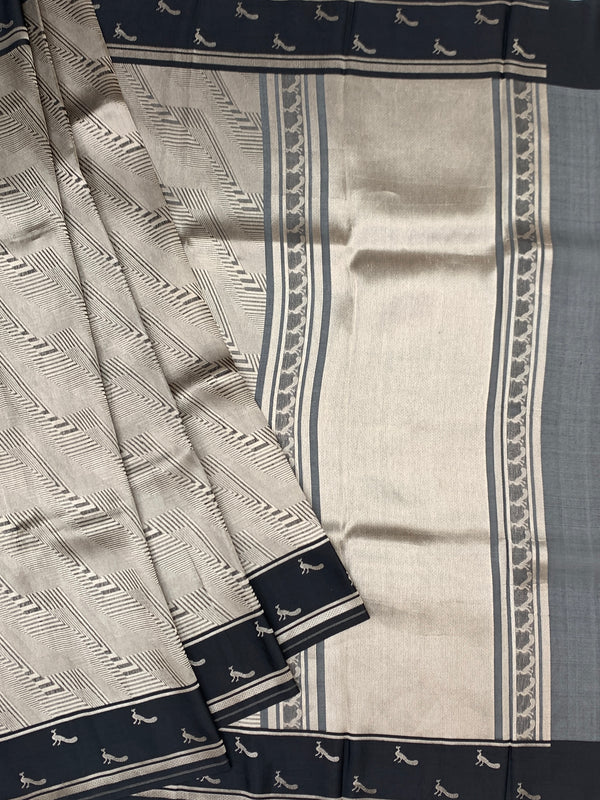 Elegant Metallic Grey & Black Geometric Brocade Silk Kora Saree