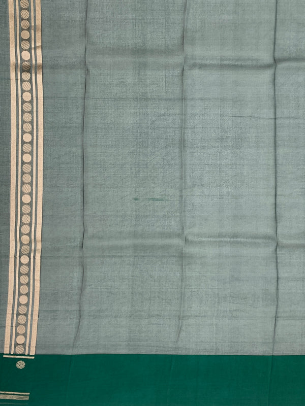 Contemporary Geometric Brocade Silk Kora Saree in Deep Green