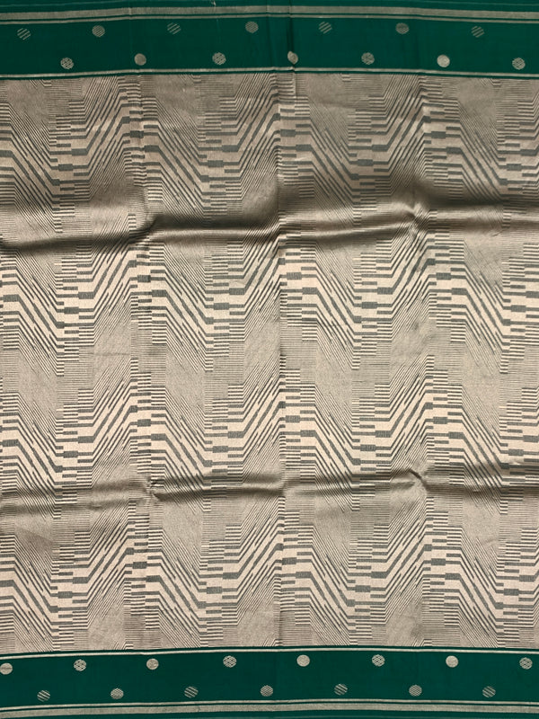 Contemporary Geometric Brocade Silk Kora Saree in Deep Green