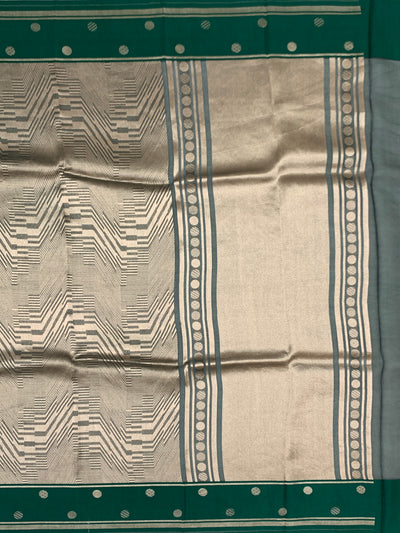 Contemporary Geometric Brocade Silk Kora Saree in Deep Green