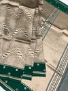 Contemporary Geometric Brocade Silk Kora Saree in Deep Green