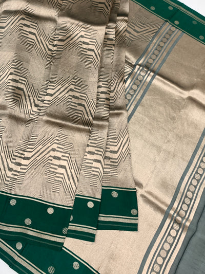 Contemporary Geometric Brocade Silk Kora Saree in Deep Green
