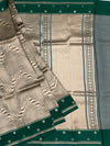 Contemporary Geometric Brocade Silk Kora Saree in Deep Green