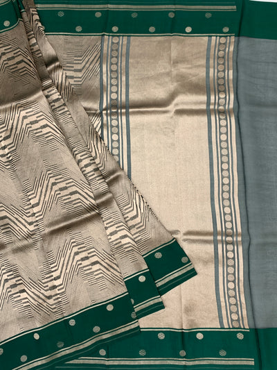 Contemporary Geometric Brocade Silk Kora Saree in Deep Green