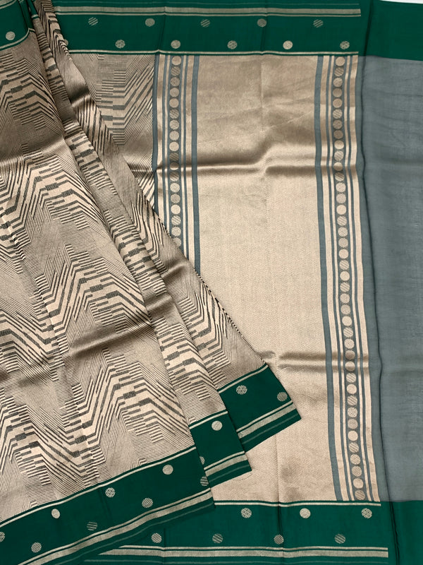 Contemporary Geometric Brocade Silk Kora Saree in Deep Green