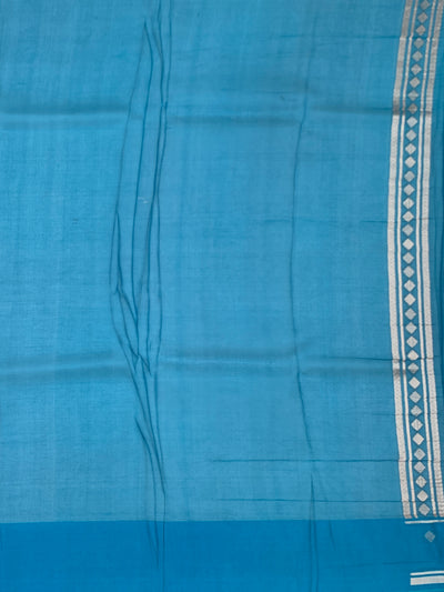 Exquisite Silver Brocade Silk Kora Saree with Cerulean Blue Border