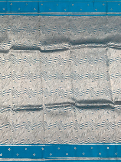 Exquisite Silver Brocade Silk Kora Saree with Cerulean Blue Border