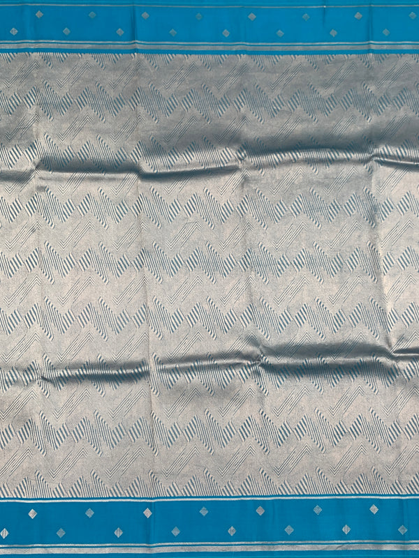 Exquisite Silver Brocade Silk Kora Saree with Cerulean Blue Border