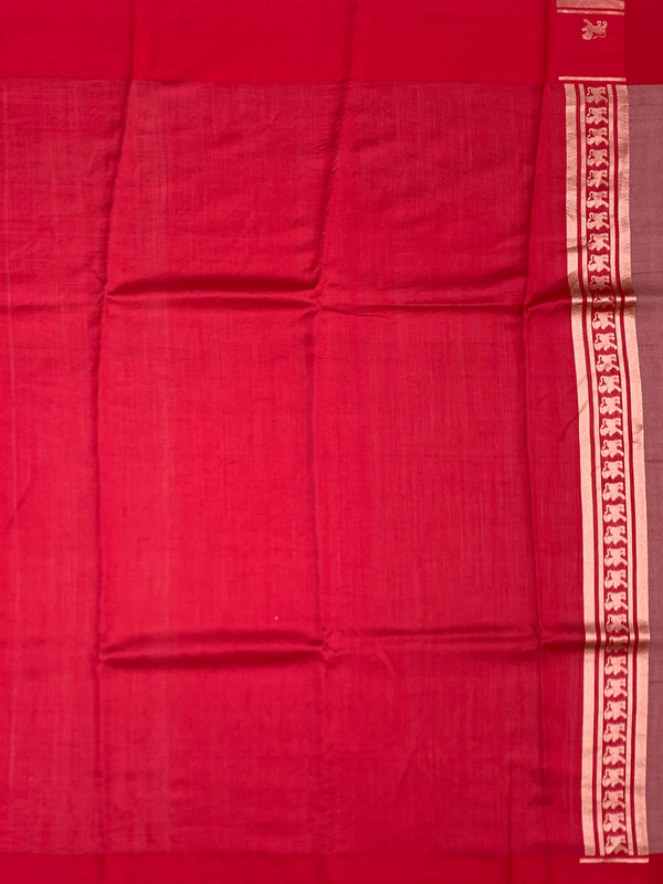 Radiant Red Brocade Silk Kora Saree with Geometric Weave & Traditional Border