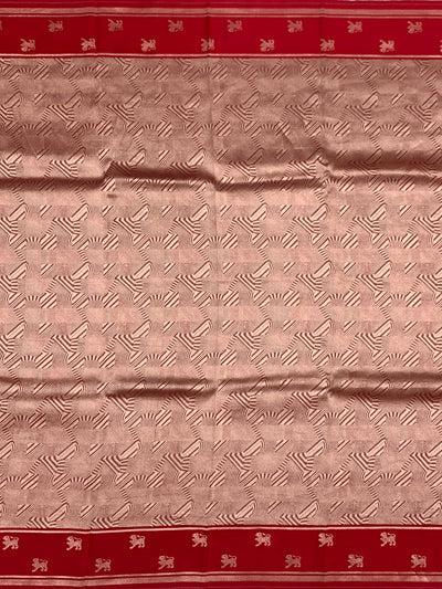 Radiant Red Brocade Silk Kora Saree with Geometric Weave & Traditional Border