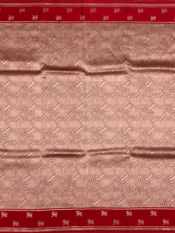 Radiant Red Brocade Silk Kora Saree with Geometric Weave & Traditional Border