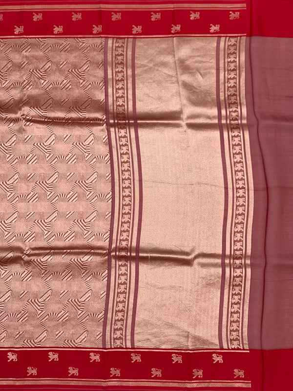 Radiant Red Brocade Silk Kora Saree with Geometric Weave & Traditional Border
