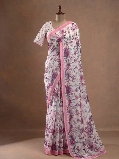 Chiffon Floral Printed Saree White In Colour
