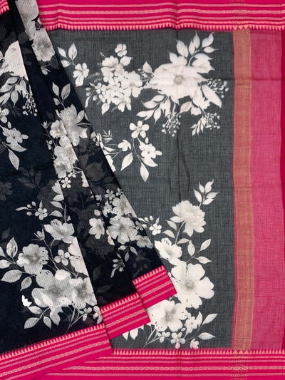 Floral Charm: Black Printed Kota Cotton Saree