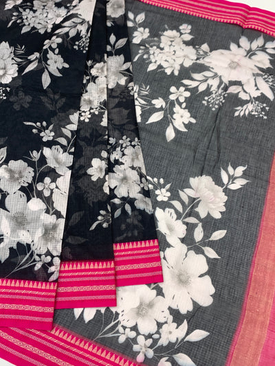 Floral Charm: Black Printed Kota Cotton Saree