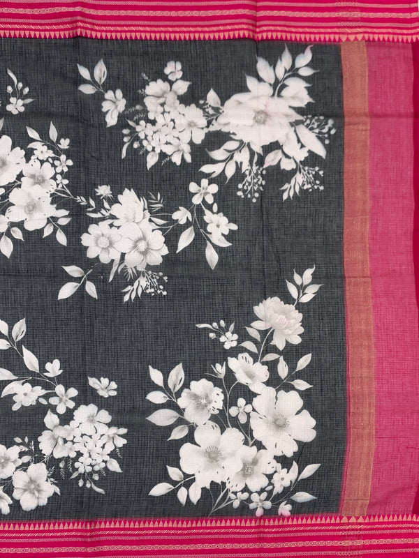 Floral Charm: Black Printed Kota Cotton Saree