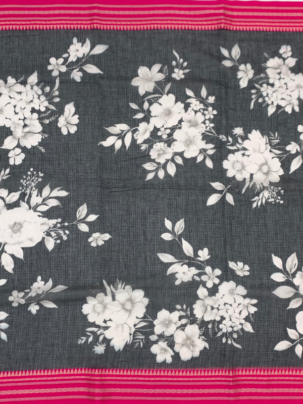 Floral Charm: Black Printed Kota Cotton Saree