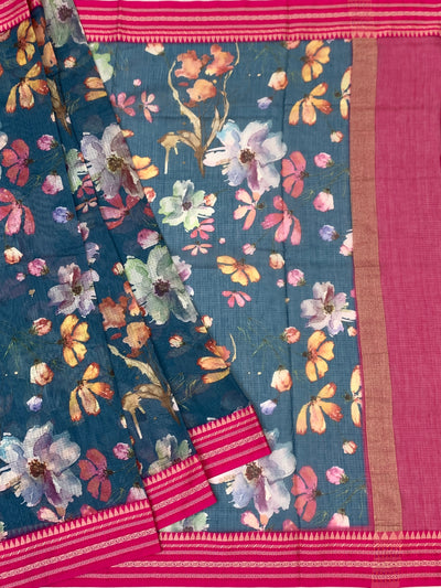 Cotton Kota Saree Teal-Blue In Colour