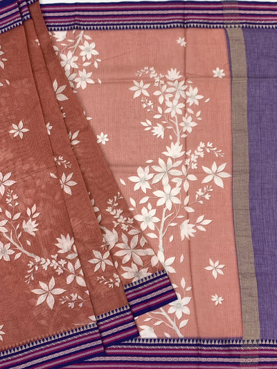 Printed Kota Cotton Saree Rust-Pink In Colour