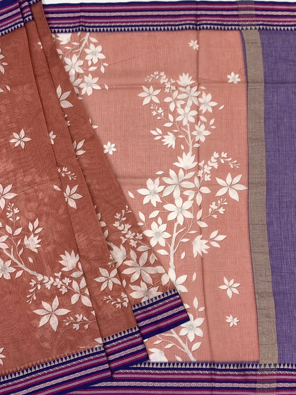 Printed Kota Cotton Saree Rust-Pink In Colour