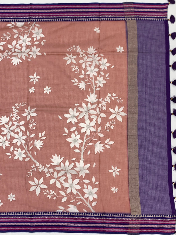 Printed Kota Cotton Saree Rust-Pink In Colour