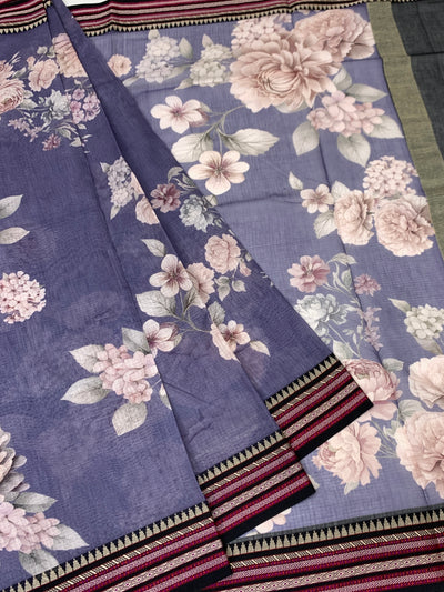 Lavender-Blue Floral Printed Cotton Saree