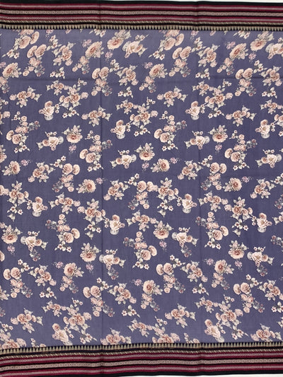 Lavender-Blue Floral Printed Cotton Saree