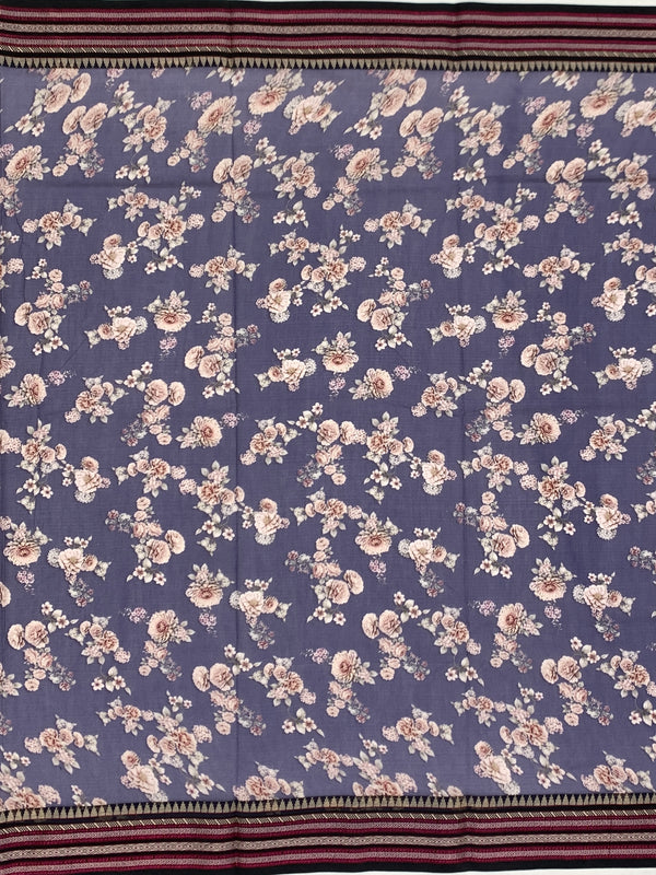 Lavender-Blue Floral Printed Cotton Saree