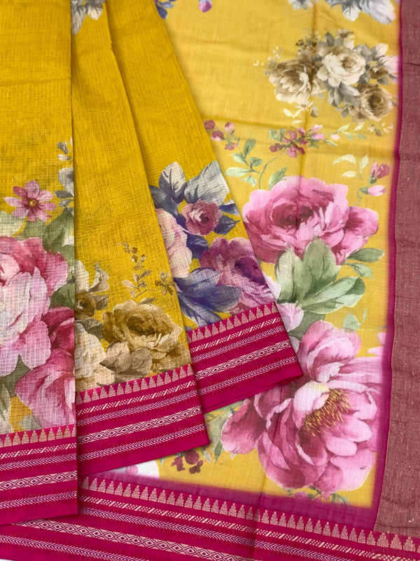Mustard Yellow Floral Kota Cotton Saree