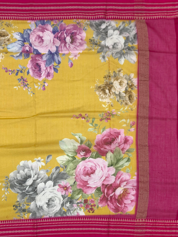 Mustard Yellow Floral Kota Cotton Saree