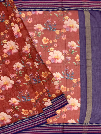 Printed Kota Cotton Saree Brick-Red In Colour