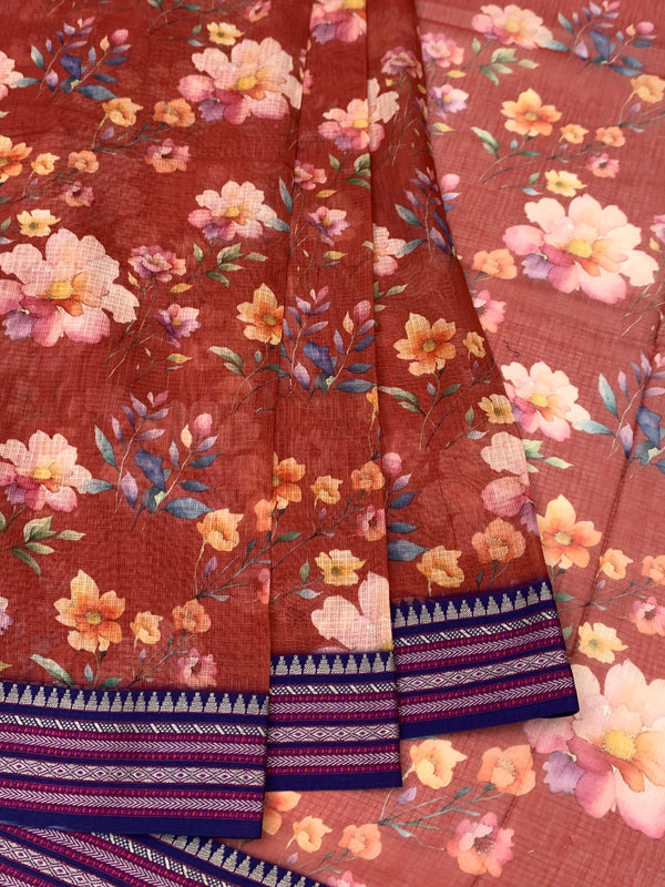 Printed Kota Cotton Saree Brick-Red In Colour
