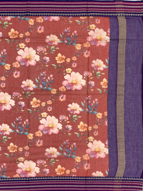 Printed Kota Cotton Saree Brick-Red In Colour