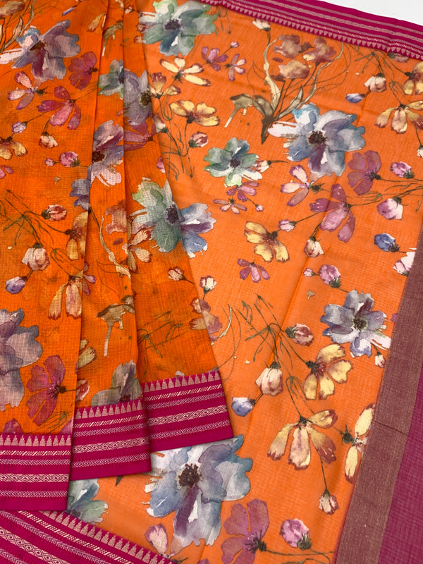 Elegant Orange Floral Digital Print Cotton Kota Saree